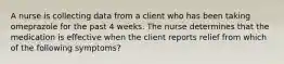 A nurse is collecting data from a client who has been taking omeprazole for the past 4 weeks. The nurse determines that the medication is effective when the client reports relief from which of the following symptoms?