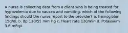 A nurse is collecting data from a client who is being treated for hypovolemia due to nausea and vomiting. which of the following findings should the nurse report to the provider? a. hemoglobin 15g/dL b. Bp 110/55 mm Hg c. Heart rate 120/min d. Potassium 3.6 mEq/L