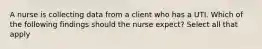 A nurse is collecting data from a client who has a UTI. Which of the following findings should the nurse expect? Select all that apply