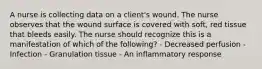 A nurse is collecting data on a client's wound. The nurse observes that the wound surface is covered with soft, red tissue that bleeds easily. The nurse should recognize this is a manifestation of which of the following? - Decreased perfusion - Infection - Granulation tissue - An inflammatory response