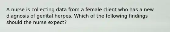 A nurse is collecting data from a female client who has a new diagnosis of genital herpes. Which of the following findings should the nurse expect?