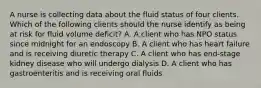 A nurse is collecting data about the fluid status of four clients. Which of the following clients should the nurse identify as being at risk for fluid volume deficit? A. A client who has NPO status since midnight for an endoscopy B. A client who has heart failure and is receiving diuretic therapy C. A client who has end-stage kidney disease who will undergo dialysis D. A client who has gastroenteritis and is receiving oral fluids