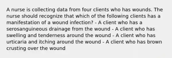 A nurse is collecting data from four clients who has wounds. The nurse should recognize that which of the following clients has a manifestation of a wound infection? - A client who has a serosanguineous drainage from the wound - A client who has swelling and tenderness around the wound - A client who has urticaria and itching around the wound - A client who has brown crusting over the wound