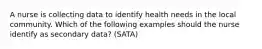 A nurse is collecting data to identify health needs in the local community. Which of the following examples should the nurse identify as secondary data? (SATA)