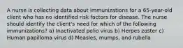 A nurse is collecting data about immunizations for a 65-year-old client who has no identified risk factors for disease. The nurse should identify the client's need for which of the following immunizations? a) Inactivated polio virus b) Herpes zoster c) Human papilloma virus d) Measles, mumps, and rubella