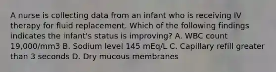 A nurse is collecting data from an infant who is receiving IV therapy for fluid replacement. Which of the following findings indicates the infant's status is improving? A. WBC count 19,000/mm3 B. Sodium level 145 mEq/L C. Capillary refill greater than 3 seconds D. Dry mucous membranes