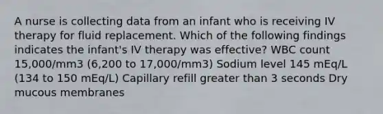 A nurse is collecting data from an infant who is receiving IV therapy for fluid replacement. Which of the following findings indicates the infant's IV therapy was effective? WBC count 15,000/mm3 (6,200 to 17,000/mm3) Sodium level 145 mEq/L (134 to 150 mEq/L) Capillary refill greater than 3 seconds Dry mucous membranes