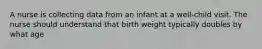 A nurse is collecting data from an infant at a well-child visit. The nurse should understand that birth weight typically doubles by what age