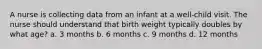 A nurse is collecting data from an infant at a well-child visit. The nurse should understand that birth weight typically doubles by what age? a. 3 months b. 6 months c. 9 months d. 12 months