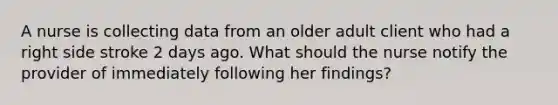 A nurse is collecting data from an older adult client who had a right side stroke 2 days ago. What should the nurse notify the provider of immediately following her findings?