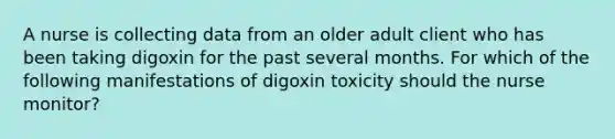 A nurse is collecting data from an older adult client who has been taking digoxin for the past several months. For which of the following manifestations of digoxin toxicity should the nurse monitor?