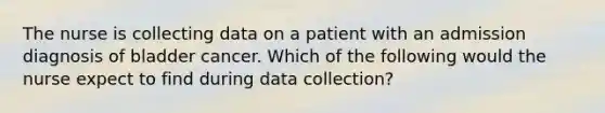 The nurse is collecting data on a patient with an admission diagnosis of bladder cancer. Which of the following would the nurse expect to find during data collection?