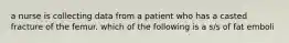 a nurse is collecting data from a patient who has a casted fracture of the femur. which of the following is a s/s of fat emboli