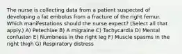 The nurse is collecting data from a patient suspected of developing a fat embolus from a fracture of the right femur. Which manifestations should the nurse expect? (Select all that apply.) A) Petechiae B) A migraine C) Tachycardia D) Mental confusion E) Numbness in the right leg F) Muscle spasms in the right thigh G) Respiratory distress