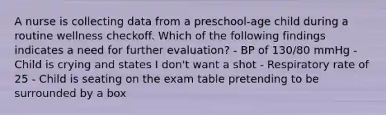 A nurse is collecting data from a preschool-age child during a routine wellness checkoff. Which of the following findings indicates a need for further evaluation? - BP of 130/80 mmHg - Child is crying and states I don't want a shot - Respiratory rate of 25 - Child is seating on the exam table pretending to be surrounded by a box