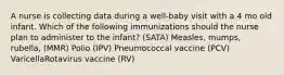 A nurse is collecting data during a well-baby visit with a 4 mo old infant. Which of the following immunizations should the nurse plan to administer to the infant? (SATA) Measles, mumps, rubella, (MMR) Polio (IPV) Pneumococcal vaccine (PCV) VaricellaRotavirus vaccine (RV)