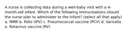 A nurse is collecting data during a well-baby visit with a 4-month-old infant. Which of the following immunizations should the nurse plan to administer to the infant? (select all that apply) a. MMR b. Polio (IPV) c. Pneumococcal vaccine (PCV) d. Varicella e. Rotavirus vaccine (RV)