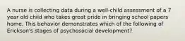 A nurse is collecting data during a well-child assessment of a 7 year old child who takes great pride in bringing school papers home. This behavior demonstrates which of the following of Erickson's stages of psychosocial development?