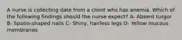 A nurse is collecting date from a client who has anemia. Which of the following findings should the nurse expect? A- Absent turgor B- Spoon-shaped nails C- Shiny, hairless legs D- Yellow mucous membranes