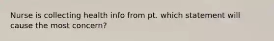 Nurse is collecting health info from pt. which statement will cause the most concern?