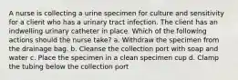 A nurse is collecting a urine specimen for culture and sensitivity for a client who has a urinary tract infection. The client has an indwelling urinary catheter in place. Which of the following actions should the nurse take? a. Withdraw the specimen from the drainage bag. b. Cleanse the collection port with soap and water c. Place the specimen in a clean specimen cup d. Clamp the tubing below the collection port