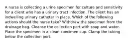 A nurse is collecting a urine specimen for culture and sensitivity for a client who has a urinary tract infection. The client has an indwelling urinary catheter in place. Which of the following actions should the nurse take? Withdraw the specimen from the drainage bag. Cleanse the collection port with soap and water. Place the specimen in a clean specimen cup. Clamp the tubing below the collection port.