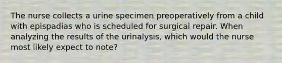 The nurse collects a urine specimen preoperatively from a child with epispadias who is scheduled for surgical repair. When analyzing the results of the urinalysis, which would the nurse most likely expect to note?