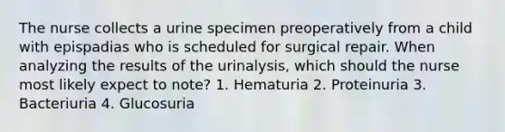 The nurse collects a urine specimen preoperatively from a child with epispadias who is scheduled for surgical repair. When analyzing the results of the urinalysis, which should the nurse most likely expect to note? 1. Hematuria 2. Proteinuria 3. Bacteriuria 4. Glucosuria