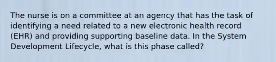 The nurse is on a committee at an agency that has the task of identifying a need related to a new electronic health record (EHR) and providing supporting baseline data. In the System Development Lifecycle, what is this phase called?