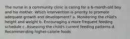 The nurse in a community clinic is caring for a 6-month-old boy and his mother. Which intervention is priority to promote adequate growth and development? a. Monitoring the child's height and weight b. Encouraging a more frequent feeding schedule c. Assessing the child's current feeding patterns d. Recommending higher-calorie foods