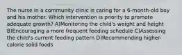 The nurse in a community clinic is caring for a 6-month-old boy and his mother. Which intervention is priority to promote adequate growth? A)Monitoring the child's weight and height B)Encouraging a more frequent feeding schedule C)Assessing the child's current feeding pattern D)Recommending higher-calorie solid foods