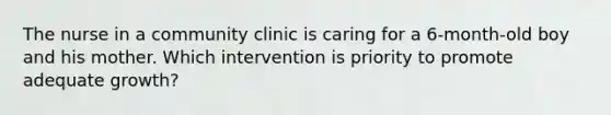 The nurse in a community clinic is caring for a 6-month-old boy and his mother. Which intervention is priority to promote adequate growth?