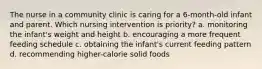 The nurse in a community clinic is caring for a 6-month-old infant and parent. Which nursing intervention is priority? a. monitoring the infant's weight and height b. encouraging a more frequent feeding schedule c. obtaining the infant's current feeding pattern d. recommending higher-calorie solid foods