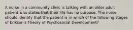 A nurse in a community clinic is talking with an older adult patient who states that their life has no purpose. The nurse should identify that the patient is in which of the following stages of Erikson's Theory of Psychosocial Development?