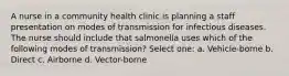 A nurse in a community health clinic is planning a staff presentation on modes of transmission for infectious diseases. The nurse should include that salmonella uses which of the following modes of transmission? Select one: a. Vehicle-borne b. Direct c. Airborne d. Vector-borne