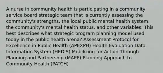 A nurse in community health is participating in a community service board strategic team that is currently assessing the community's strengths, the local public mental health system, the community's mental health status, and other variables. This best describes what strategic program planning model used today in the public health arena? Assessment Protocol for Excellence in Public Health (APEXPH) Health Evaluation Data Information System (HEDIS) Mobilizing for Action Through Planning and Partnership (MAPP) Planning Approach to Community Health (PATCH)