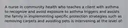 A nurse in community health who teaches a client with asthma to recognize and avoid exposure to asthma triggers and assists the family in implementing specific protection strategies such as removing carpets and avoiding pets is intervening at the level of: