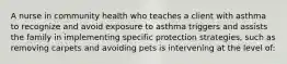 A nurse in community health who teaches a client with asthma to recognize and avoid exposure to asthma triggers and assists the family in implementing specific protection strategies, such as removing carpets and avoiding pets is intervening at the level of: