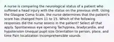 A nurse is comparing the neurological status of a patient who suffered a head injury with the status on the previous shift. Using the Glasgow Coma Scale, the nurse determines that the patient's score has changed from 11 to 15. Which of the following responses did the nurse assess in the patient? Select all that apply. Spontaneous eye opening Tachypnea, bradycardia, and hypotension Unequal pupil size Orientation to person, place, and time Pain localization Incomprehensible sounds