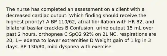 The nurse has completed an assessment on a client with a decreased cardiac output. Which finding should receive the highest priority? A BP 110/62, atrial fibrillation with HR 82, and bilateral basilar crackles B Confusion, urine output 15 mL over past 2 hours, orthopnea C SpO2 92% on 2L NC, respirations are 20, 1+ edema to lower extremities D Weight gain of 1 kg in 3 days, BP 130/80, mild dyspnea with exercise