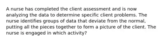 A nurse has completed the client assessment and is now analyzing the data to determine specific client problems. The nurse identifies groups of data that deviate from the normal, putting all the pieces together to form a picture of the client. The nurse is engaged in which activity?