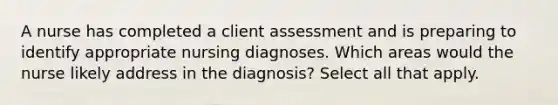 A nurse has completed a client assessment and is preparing to identify appropriate nursing diagnoses. Which areas would the nurse likely address in the diagnosis? Select all that apply.