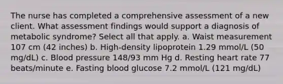 The nurse has completed a comprehensive assessment of a new client. What assessment findings would support a diagnosis of metabolic syndrome? Select all that apply. a. Waist measurement 107 cm (42 inches) b. High-density lipoprotein 1.29 mmol/L (50 mg/dL) c. Blood pressure 148/93 mm Hg d. Resting heart rate 77 beats/minute e. Fasting blood glucose 7.2 mmol/L (121 mg/dL)