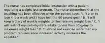 The nurse has completed initial instruction with a patient regarding a weight loss program. The nurse determines that the teaching has been effective when the patient says: A. "I plan to lose 4 lb a week until I have lost the 60-pound goal." B. "I will keep a diary of weekly weights to illustrate my weight loss." C. "I will restrict my carbohydrate intake to less than 30 g/day to maximize weight loss." D. "I should not exercise more than my program requires since increased activity increases the appetite."