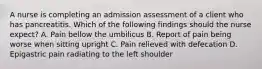 A nurse is completing an admission assessment of a client who has pancreatitis. Which of the following findings should the nurse expect? A. Pain bellow the umbilicus B. Report of pain being worse when sitting upright C. Pain relieved with defecation D. Epigastric pain radiating to the left shoulder