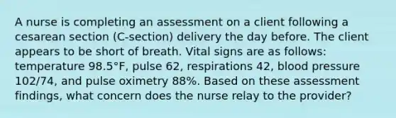 A nurse is completing an assessment on a client following a cesarean section (C-section) delivery the day before. The client appears to be short of breath. Vital signs are as follows: temperature 98.5°F, pulse 62, respirations 42, blood pressure 102/74, and pulse oximetry 88%. Based on these assessment findings, what concern does the nurse relay to the provider?