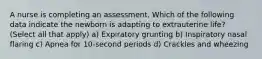 A nurse is completing an assessment. Which of the following data indicate the newborn is adapting to extrauterine life? (Select all that apply) a) Expiratory grunting b) Inspiratory nasal flaring c) Apnea for 10-second periods d) Crackles and wheezing