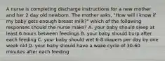 A nurse is completing discharge instructions for a new mother and her 2 day old newborn. The mother asks, "How will I know if my baby gets enough breast milk?" which of the following responses should the nurse make? A. your baby should sleep at least 6 hours between feedings B. your baby should burp after each feeding C. your baby should wet 6-8 diapers per day by one week old D. your baby should have a wake cycle of 30-60 minutes after each feeding