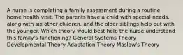 A nurse is completing a family assessment during a routine home health visit. The parents have a child with special needs, along with six other children, and the older siblings help out with the younger. Which theory would best help the nurse understand this family's functioning? General Systems Theory Developmental Theory Adaptation Theory Maslow's Theory