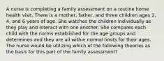 A nurse is completing a family assessment on a routine home health visit. There is a mother, father, and three children ages 2, 4, and 6 years of age. She watches the children individually as they play and interact with one another. She compares each child with the norms established for the age groups and determines and they are all within normal limits for their ages. The nurse would be utilizing which of the following theories as the basis for this part of the family assessment?